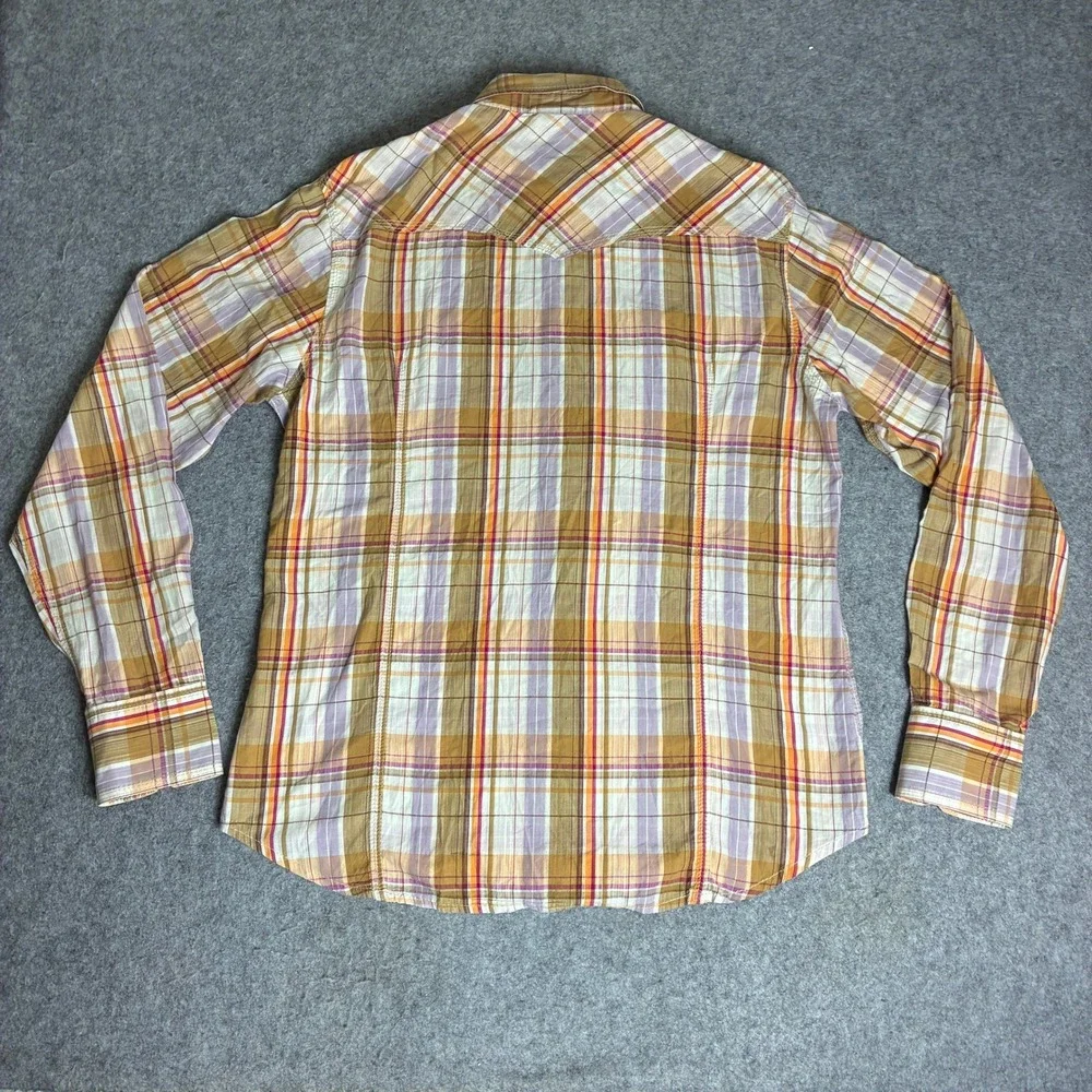 True Religion Mens XXL Western Snap Plaid Shirt Orange Purple Cotton Long Sleeve